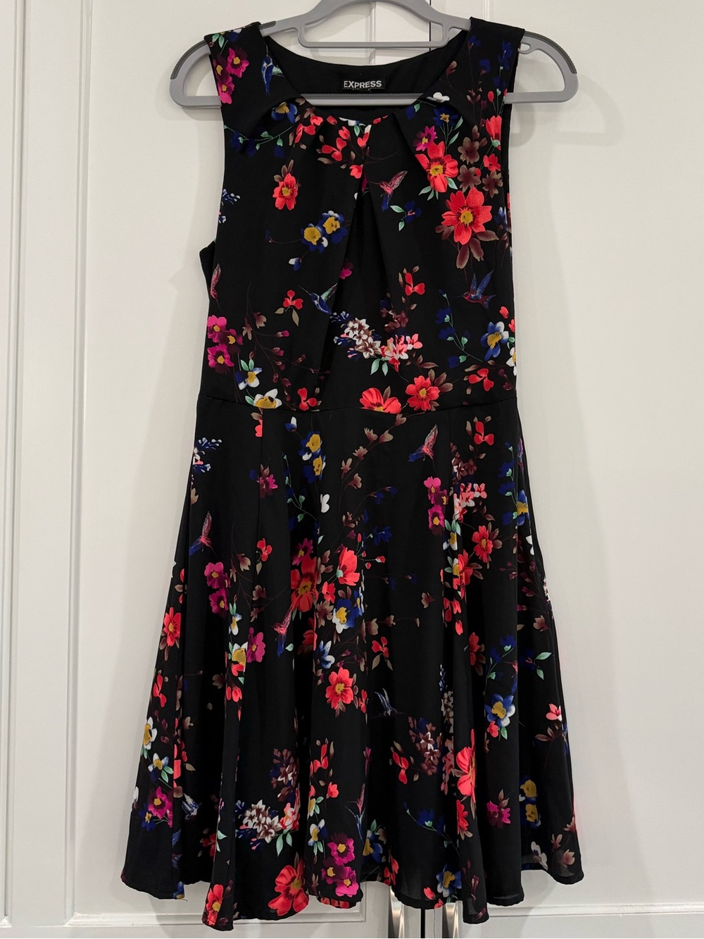 Express Black Floral Fit & Flare Dress with Pink and Red Blooms